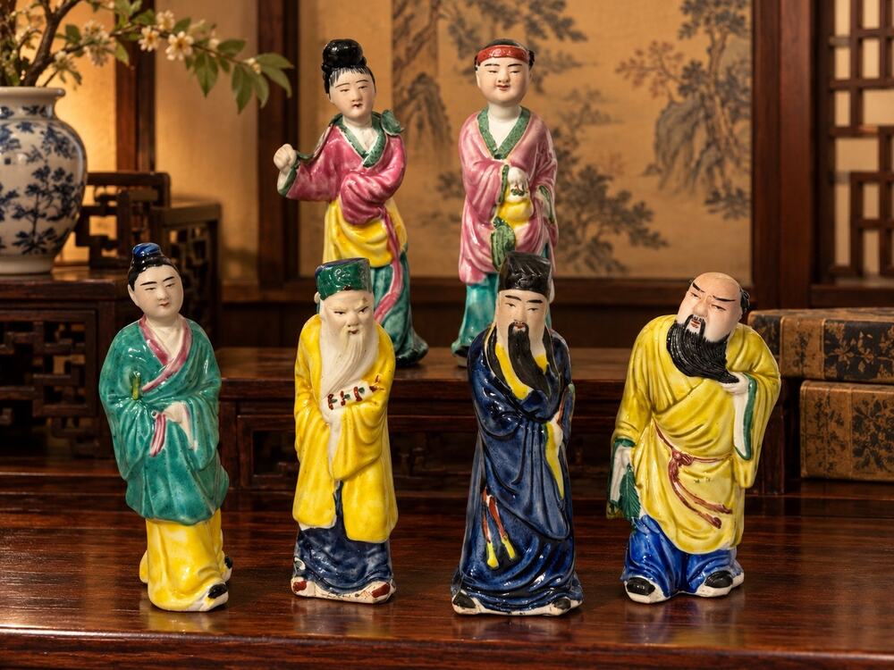 Vintage Chinese Eight Immortals Porcelain Figurines Set of 6 Marked China